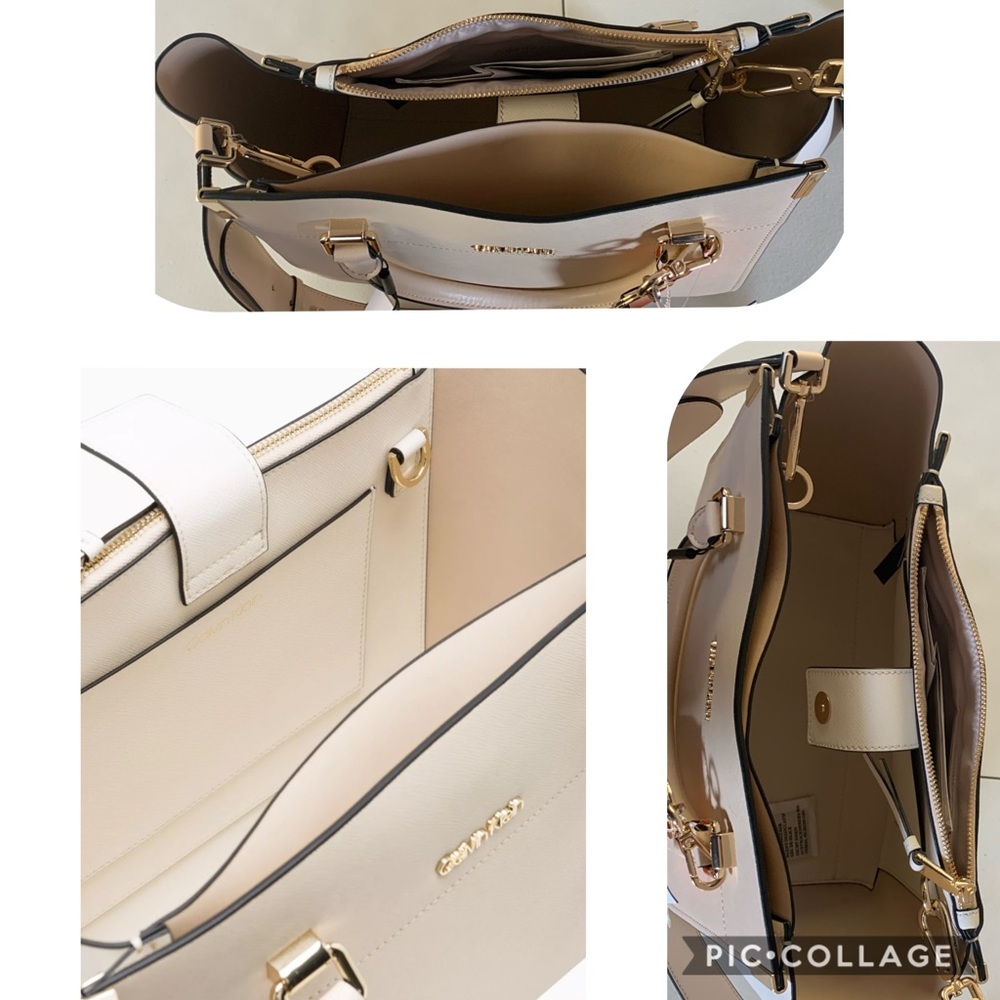 NWT CALVIN KLEIN Leather Bag Raelynn Beige Satchel - Picture 5 of 7